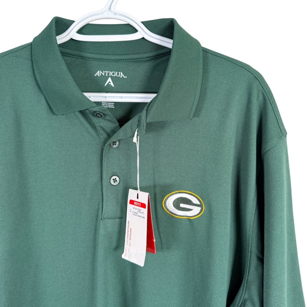 NEW Antigua Green Bay Packers Pique Polo Shirt Mens L Green Short Sleeve read
